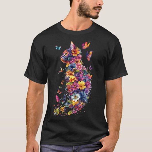 カラフル フラワー 猫 - 水彩画の蝶々アート Tシャツ (正面)