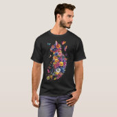 カラフル フラワー 猫 - 水彩画の蝶々アート Tシャツ (正面フル)
