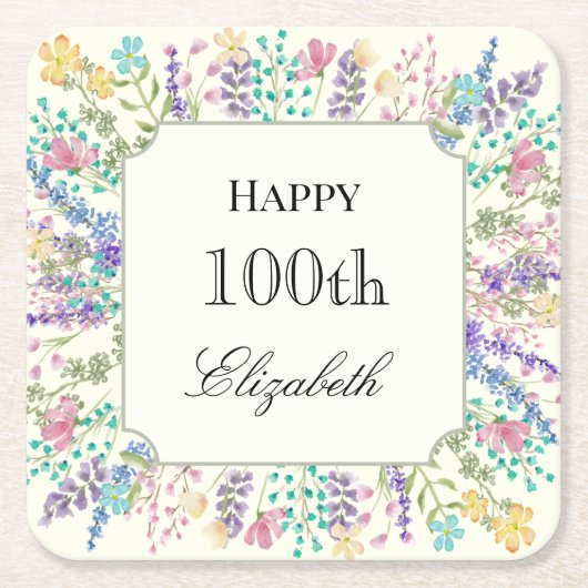 カラフル フラワー 100歳の誕生日 ペーパーコースター (正面)