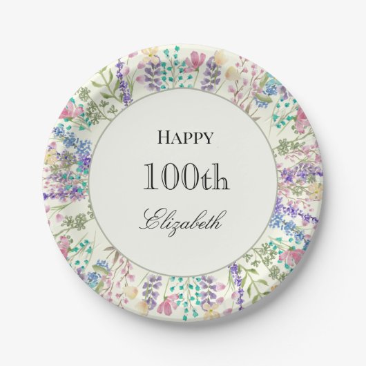 カラフル フラワー 100歳の誕生日 ペーパープレート (正面)
