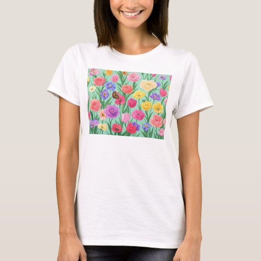 カラフル フローラル スプリング ローズ Tシャツ (正面)