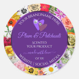 カラフル フローラル フレーム 紫 商品ラベル ハート ラウンドシール