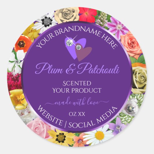 カラフル フローラル フレーム 紫 商品ラベル ハート ラウンドシール (正面)