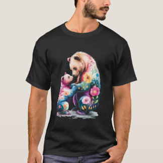 カラフル フローラル ママ ベア 子熊 水彩画 母の日 女性 Tシャツ