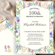 カラフル フローラル 100歳の誕生日招待状