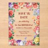 カラフル フローラル 21歳の誕生日 Save the Date アクリル招待状 (正面)