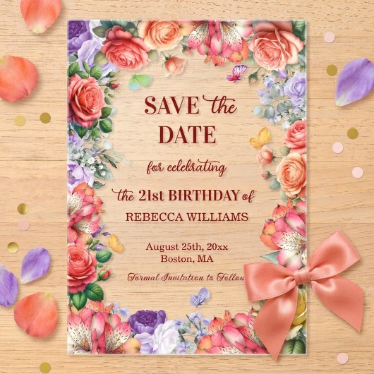 カラフル フローラル 21歳の誕生日 Save the Date アクリル招待状