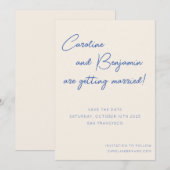 カラフル ブルー エクリュ スクリプト 手書き ウェディング セーブザデート (正面/裏面)