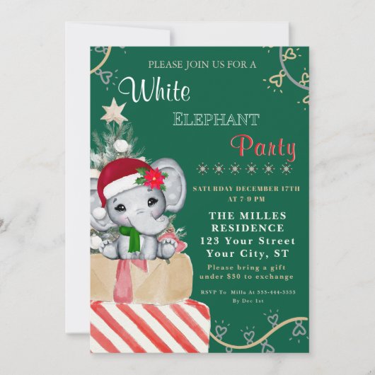 カラフル ホワイトエレファント クリスマス パーティー 招待状 (正面)