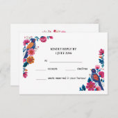 カラフル ボーホー フォーク 鳥と花のウェディング 出欠カード (正面/裏面)