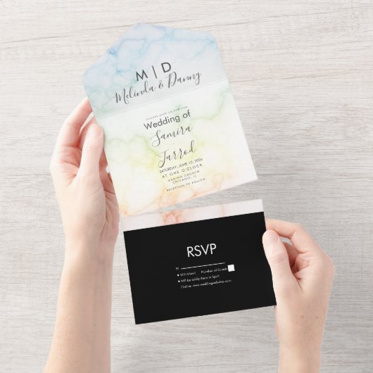 カラフル マーブル レインボー オールインワン 招待状 (貼ってはがせる)