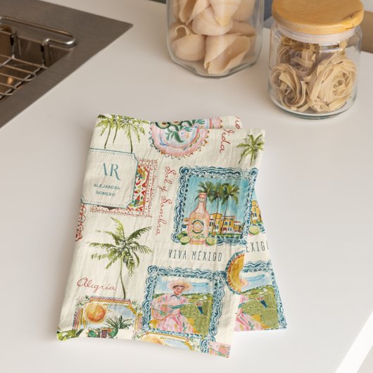 カラフル メキシカン トラベル プリント モノグラム キッチンタオル