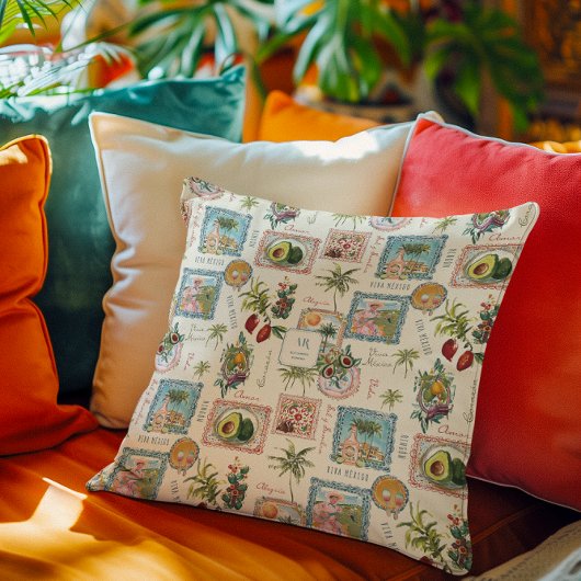 カラフル メキシカン トラベル プリント モノグラム クッション