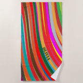 カラフル レインボー ウェーブ オリーブグリーン ネーム ビーチタオル (正面)