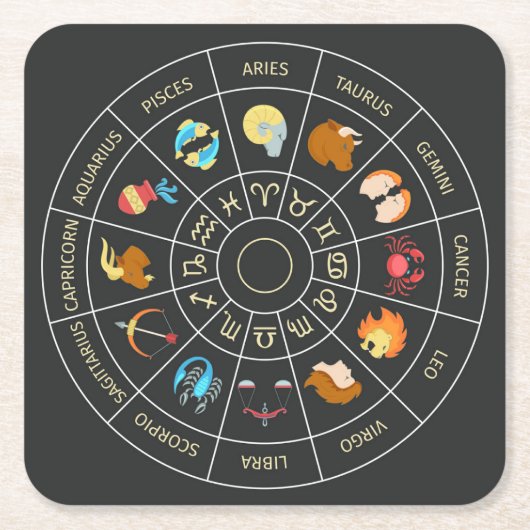 カラフル〔占星術の〕十二宮図 スクエアペーパーコースター (正面)