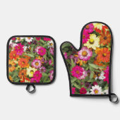 カラフル《植物》百日草ガーデンフローラ 鍋つかみ&鍋敷きセット (正面)