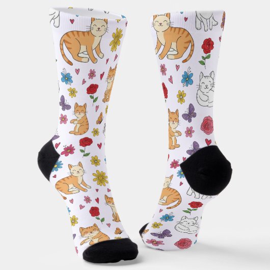 カラフル 猫 ハートと花  ソックス (傾斜あり)