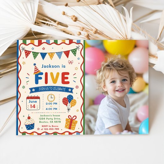 カラフル FIVE 5歳の誕生日パーティー 招待状