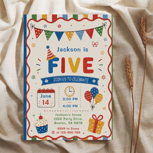 カラフル FIVE 5歳の誕生日パーティー 招待状