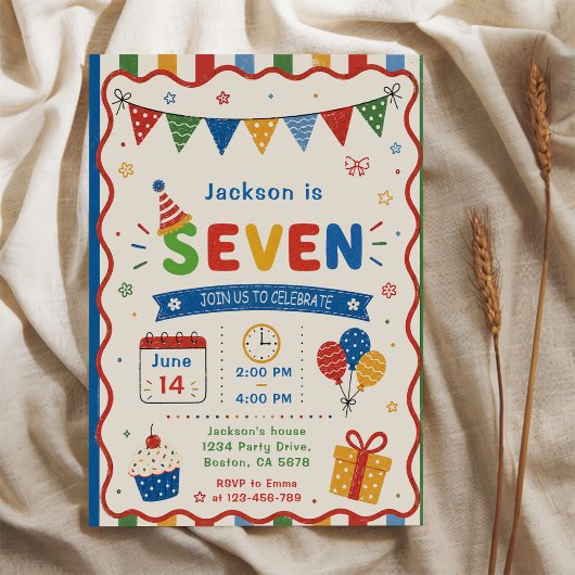 カラフル SEVEN 7歳の誕生日パーティー 招待状