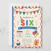 カラフル SIX 6歳の誕生日パーティー 招待状 (正面)