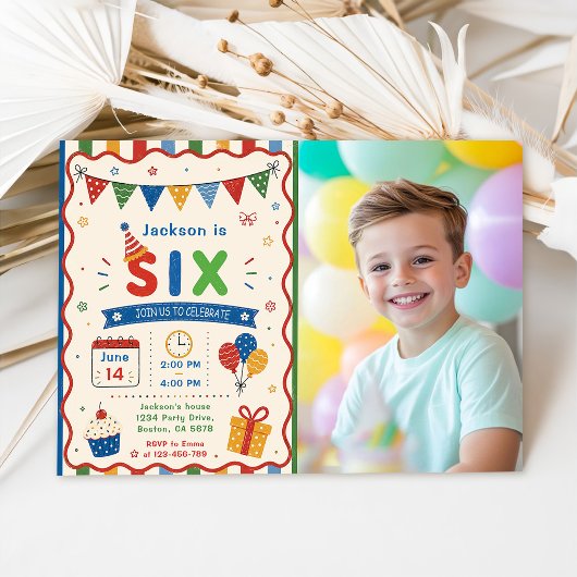 カラフル SIX 6歳の誕生日パーティー 招待状