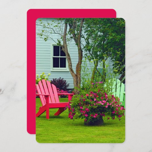 カラフルAdirondack椅子のフローラ写真 招待状 (正面/裏面)