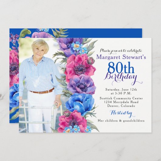 カラフルAnemoneフローラ写真80誕生日 招待状 (正面/裏面)