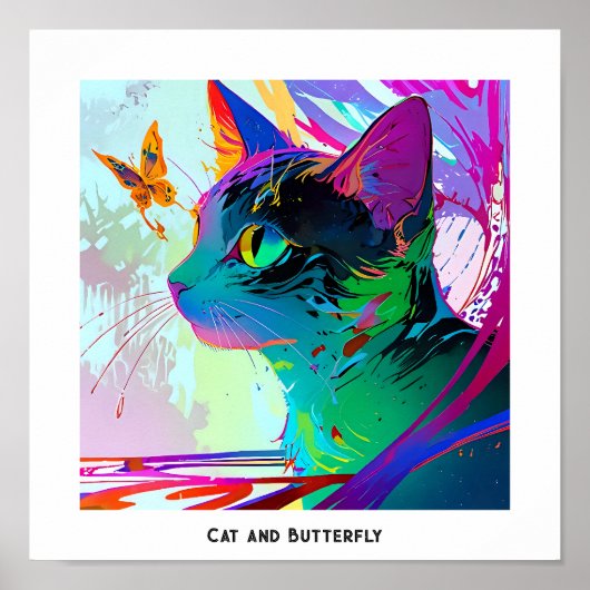 カラフルArtポップ・アートの Editable Cat and butterfly ポスター (正面)