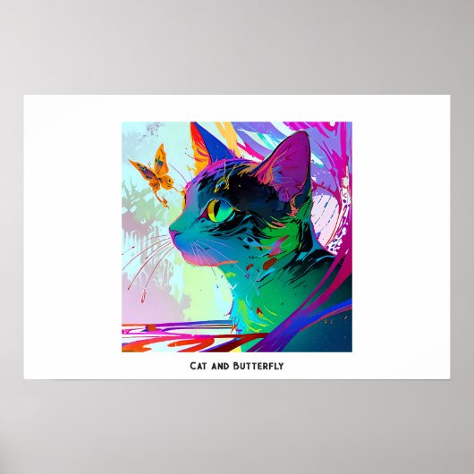 カラフルArtポップ・アートの Editable Cat and butterfly ポスター (正面)
