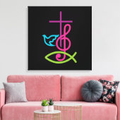 カラフルChristian Cross with Music Note & Fish キャンバスプリント (インサイチュ (リビング))