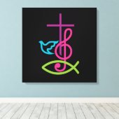 カラフルChristian Cross with Music Note & Fish キャンバスプリント (インサイチュ (ウッドフロア))