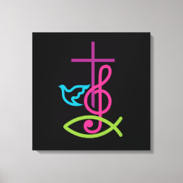カラフルChristian Cross with Music Note & Fish キャンバスプリント