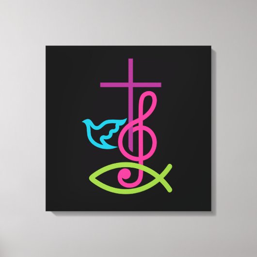 カラフルChristian Cross with Music Note & Fish キャンバスプリント (正面)