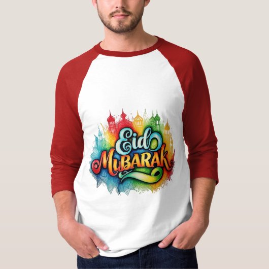 「カラフルEID MUBARAK」手描きTシャツ – セレブ Tシャツ (正面)