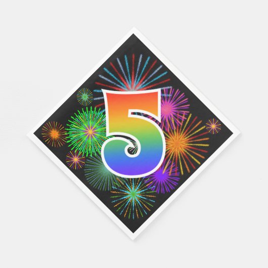 カラフルFireworks +レインボーパターン「5」イベント番号 スタンダードランチョンナプキン (角)