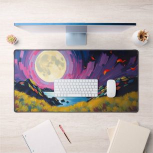 カラフルFull Moon Desk Mat - 鮮やか Night Sky & A デスクマット
