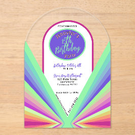 カラフルgroovy 70のレトロ誕生日アーチ アクリル招待状
