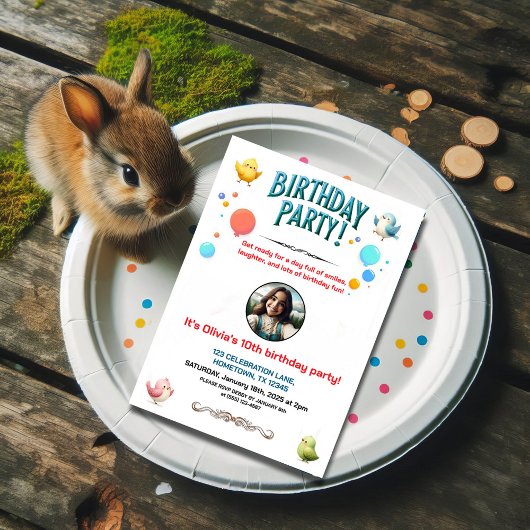 カラフルKids Feathered Friends誕生日パーティー 招待状