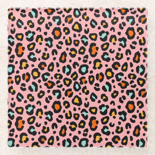 カラフルLeopard:ファッションヴィンテージパターン ガラスコースター (正面)