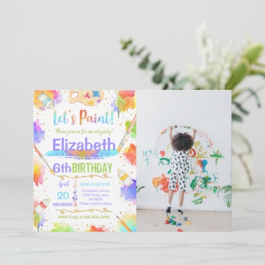 カラフルLet's Art絵を描 Birthday Party写真 招待状 (スタンド正面)