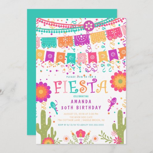 カラフルLet's Fiesta Birthday Party Invitation 招待状 (正面/裏面)