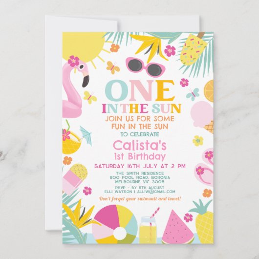 カラフルOne In The Sun Poolパーティー1st誕生日 招待状 (正面)