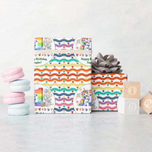 カラフルRainbow and Unicorn 1st誕生日パーティー ラッピングペーパー (ベビーシャワー)