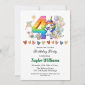 カラフルRainbow and Unicorn 4th Birthdayパーティー 招待状 (正面)