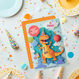 カラフルT-Rex恐竜の誕生日パーティー 招待状