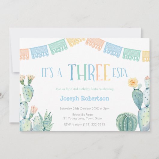 カラフルTHREE-estaメキシコの誕生日パーティー 招待状 (正面)