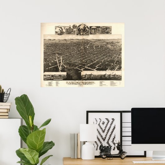 カラマズーミシガン1883アンティークパノラママップ ポスター (ホームオフィス)