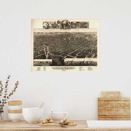 カラマズーミシガン1883アンティークパノラママップ ポスター (キッチン)