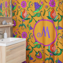 カラムカカラフルリ花黄バックグラウンドグリーン シャワーカーテン